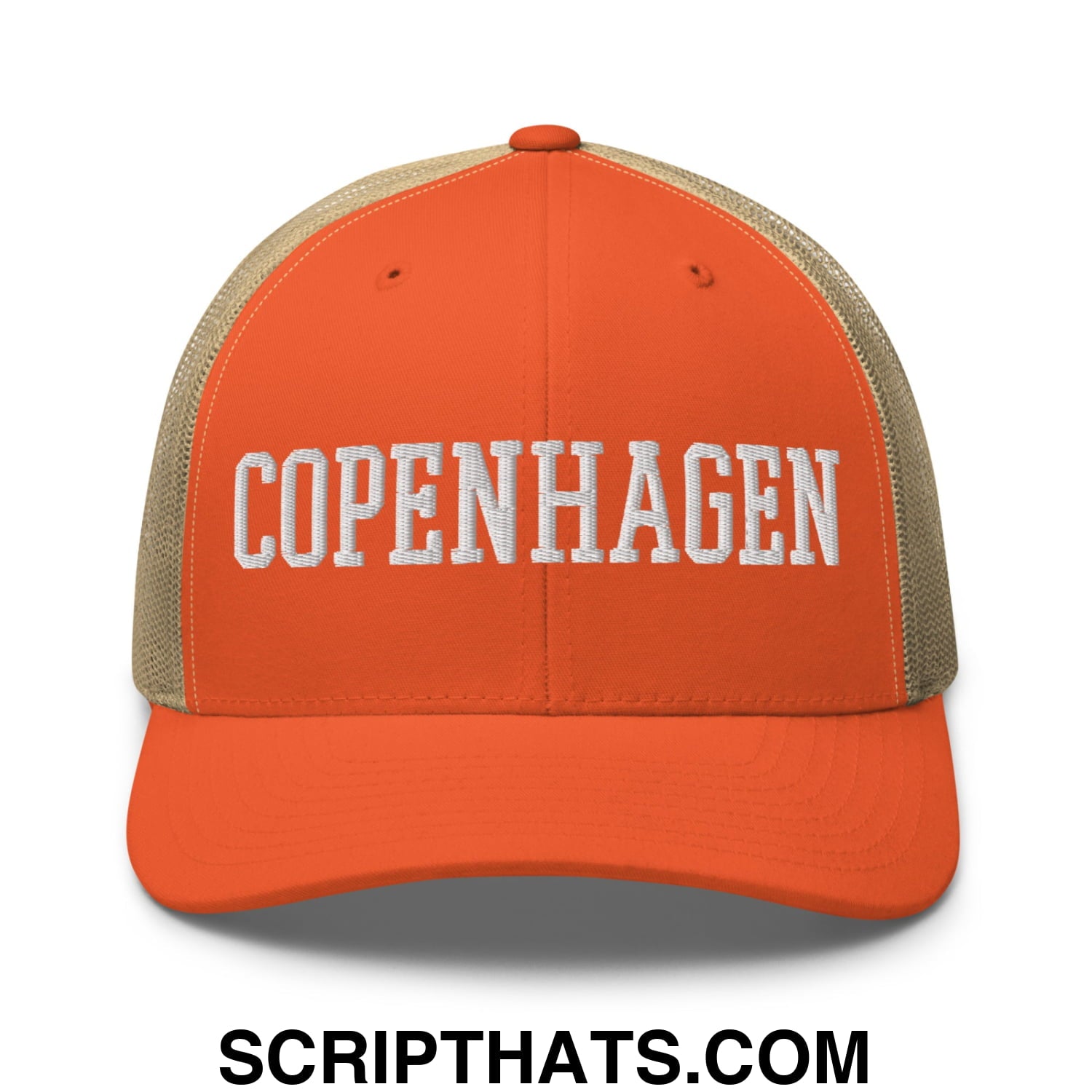 Copenhagen Varsity College Block Embroidered Mesh Trucker Hat Rustic Orange Khaki