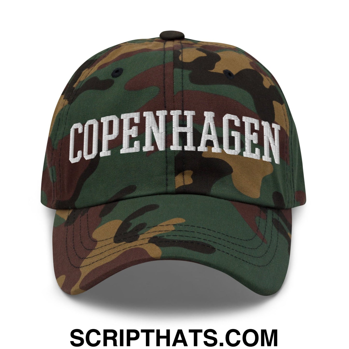 Copenhagen Varsity College Block Embroidered Unstructured Dad Hat Green Camo