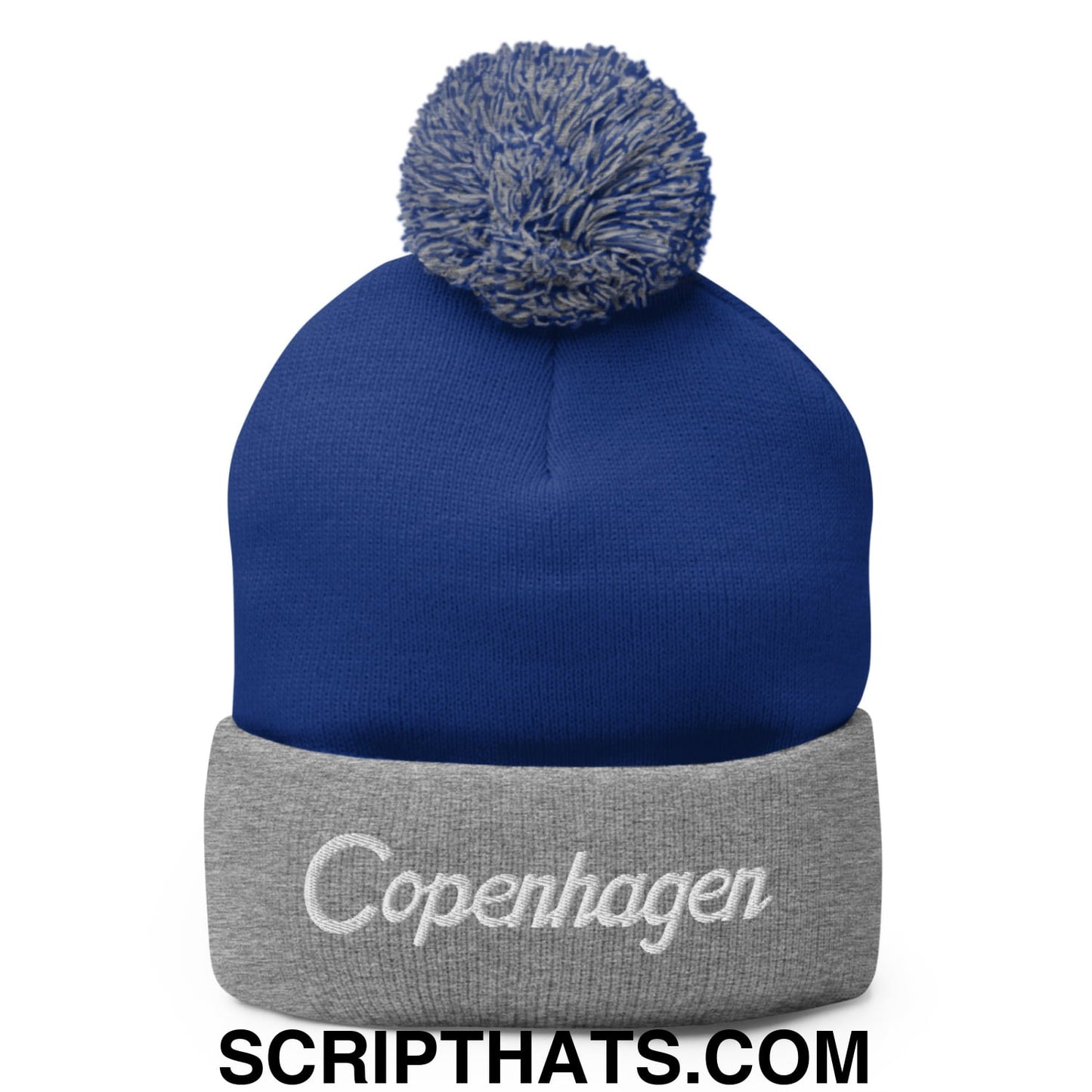 Copenhagen Vintage Sports Script Embroidered Knit Pom Pom Beanie Royal Heather Grey