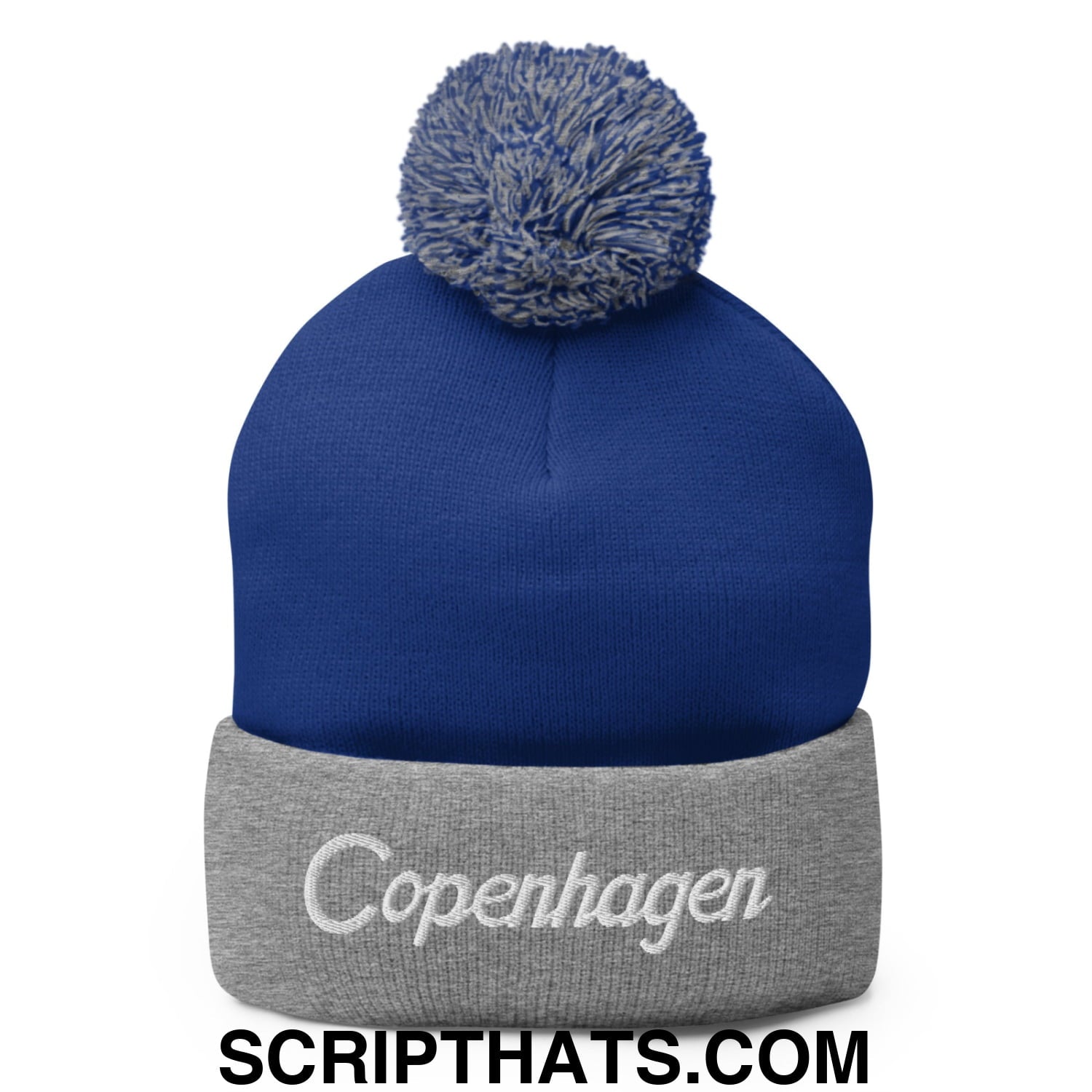 Copenhagen Vintage Sports Script Embroidered Knit Pom Pom Beanie Royal Heather Grey