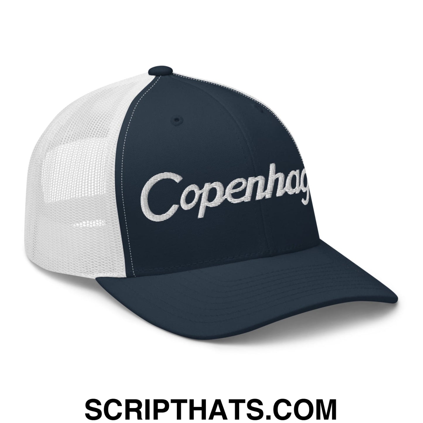 Copenhagen Vintage Sports Script Embroidered Mesh Trucker Hat Navy White