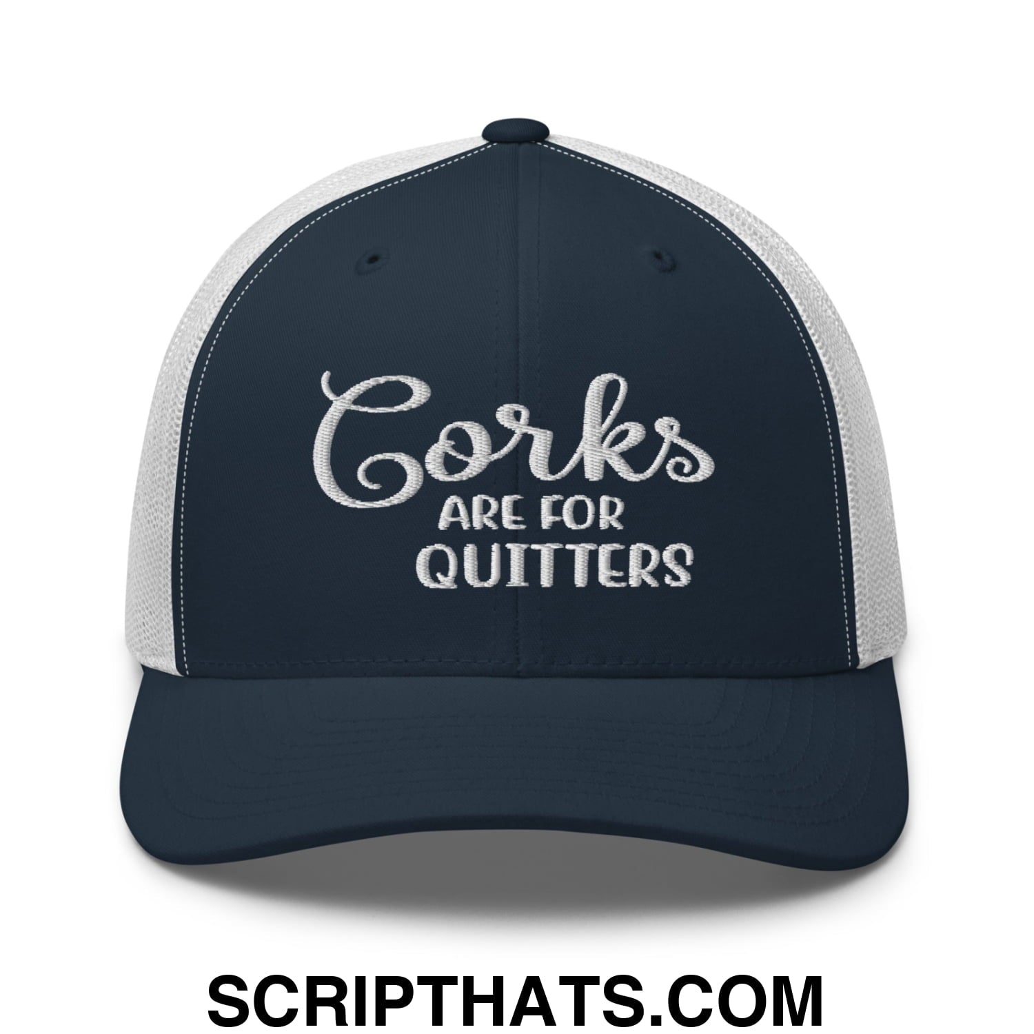 Corks Are For Quitters Embroidered Mesh Trucker Hat Navy White