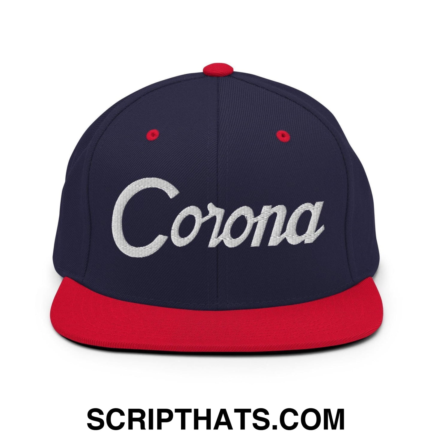 Corona Script Snapback Hat Navy Red
