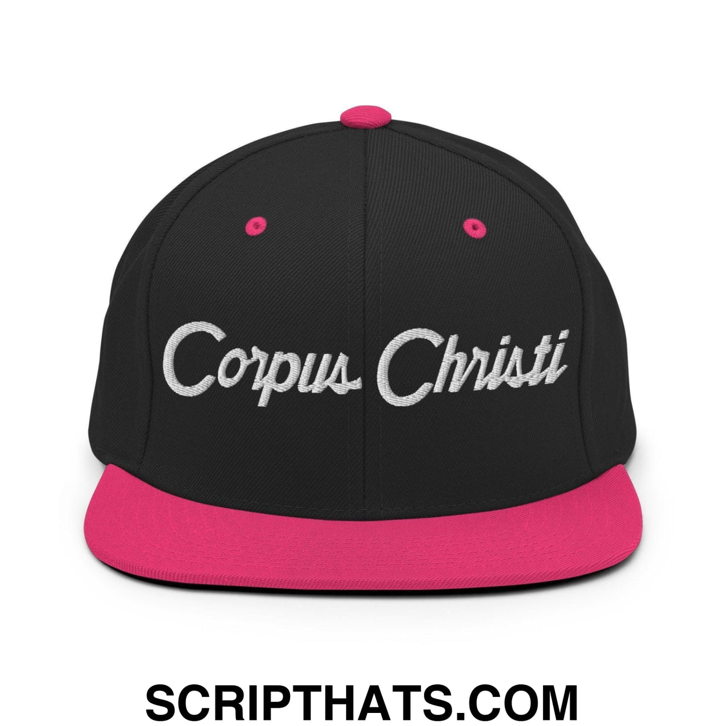 Corpus Christi Script Snapback Hat Black Neon Pink