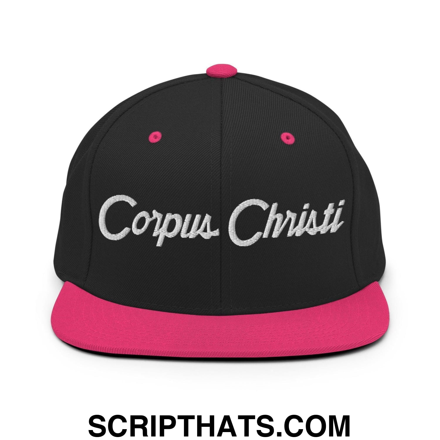 Corpus Christi Script Snapback Hat Black Neon Pink