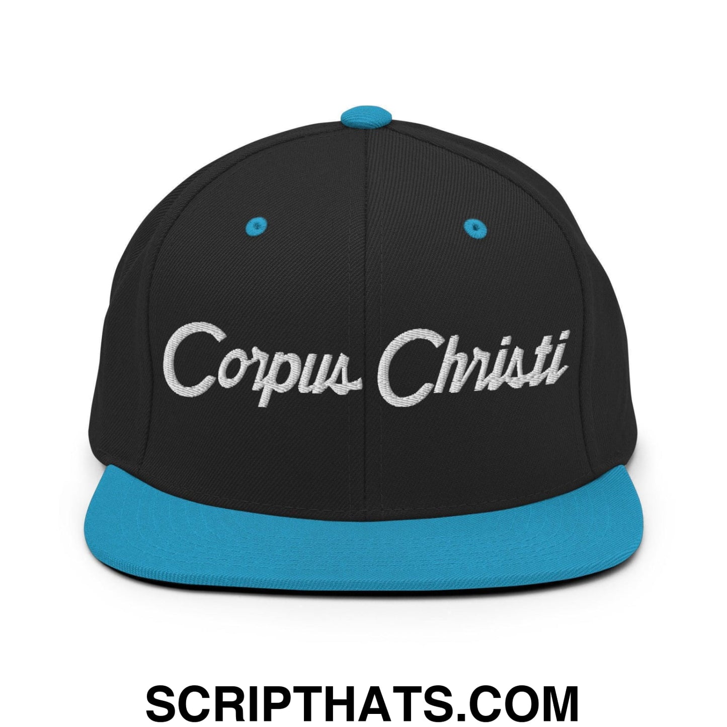 Corpus Christi Script Snapback Hat Black Teal
