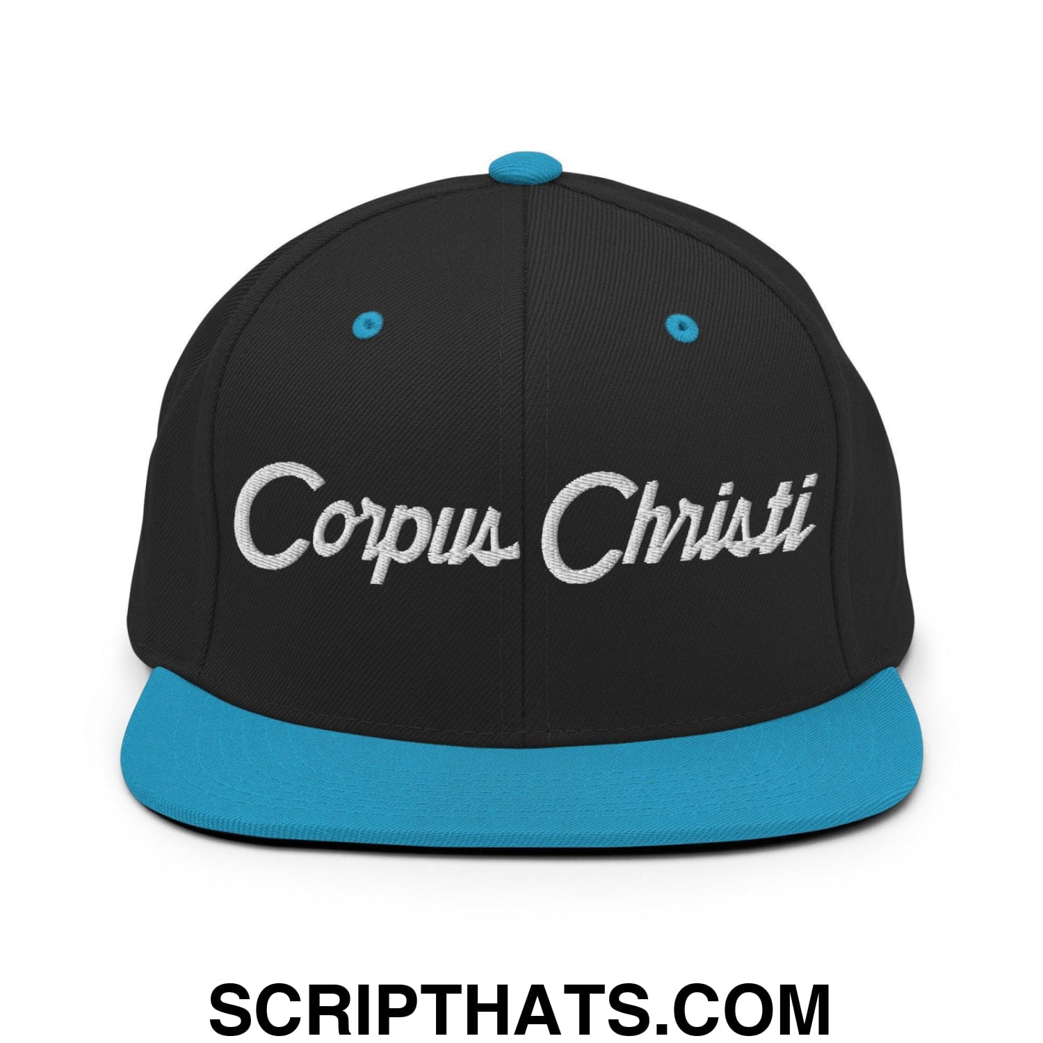 Corpus Christi Script Snapback Hat Black Teal