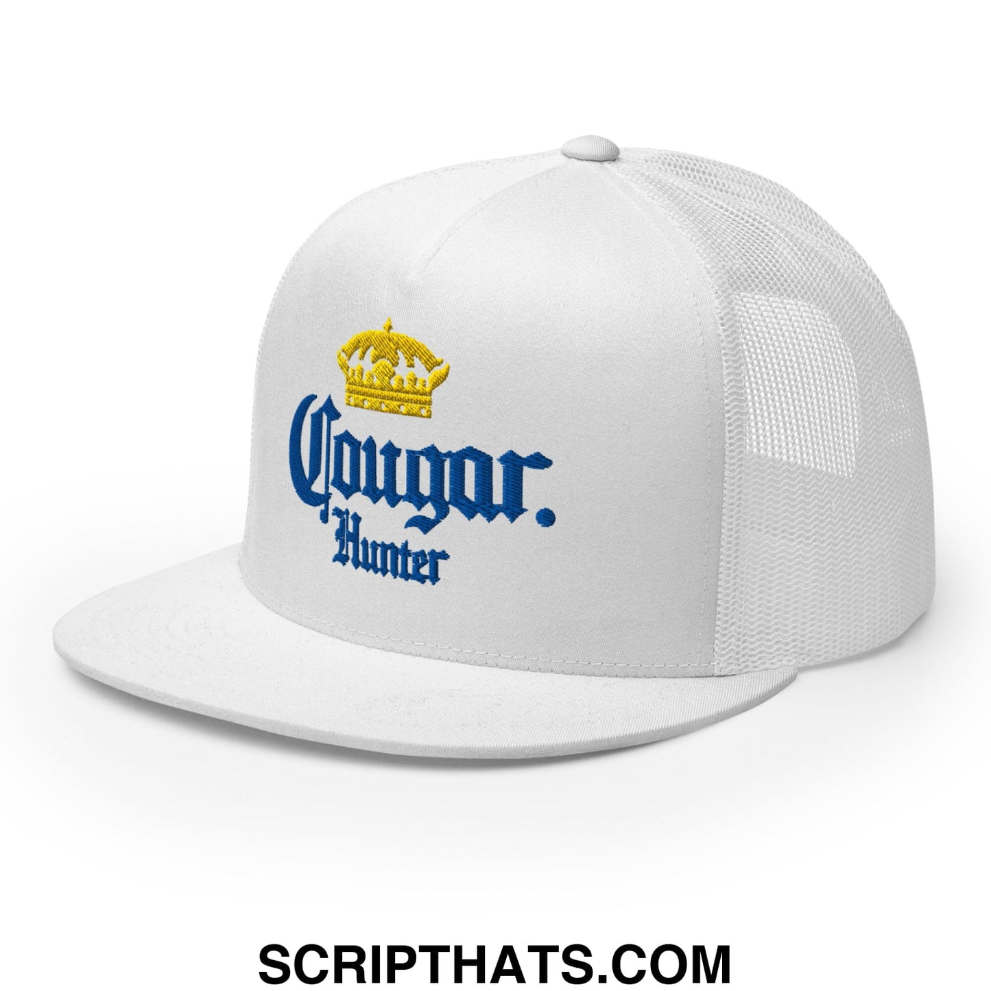 Cougar Hunter Extra Embroidered Flat Bill Brim Mesh Trucker Hat White