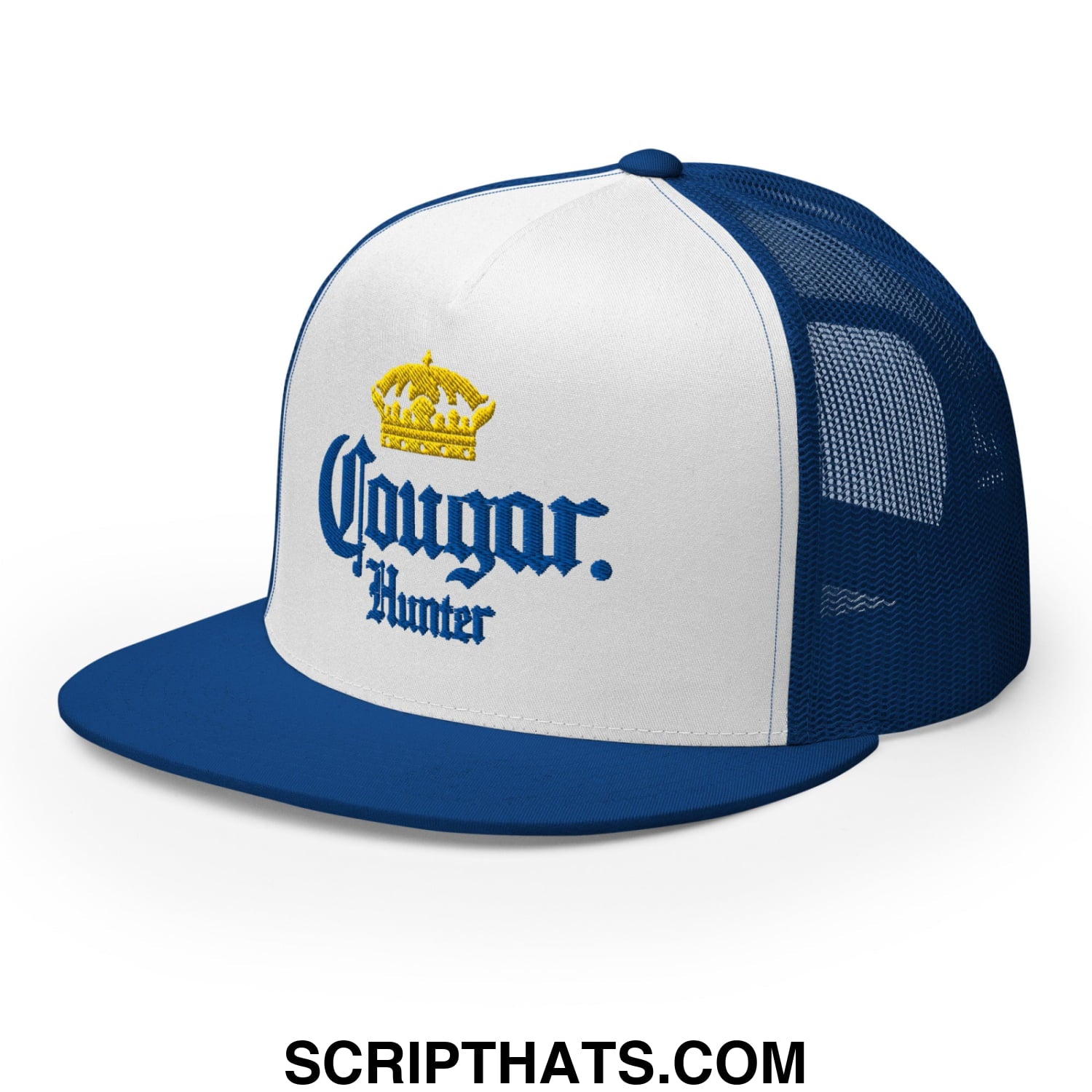 Cougar Hunter Extra Embroidered Flat Bill Brim Mesh Trucker Hat Royal White Royal