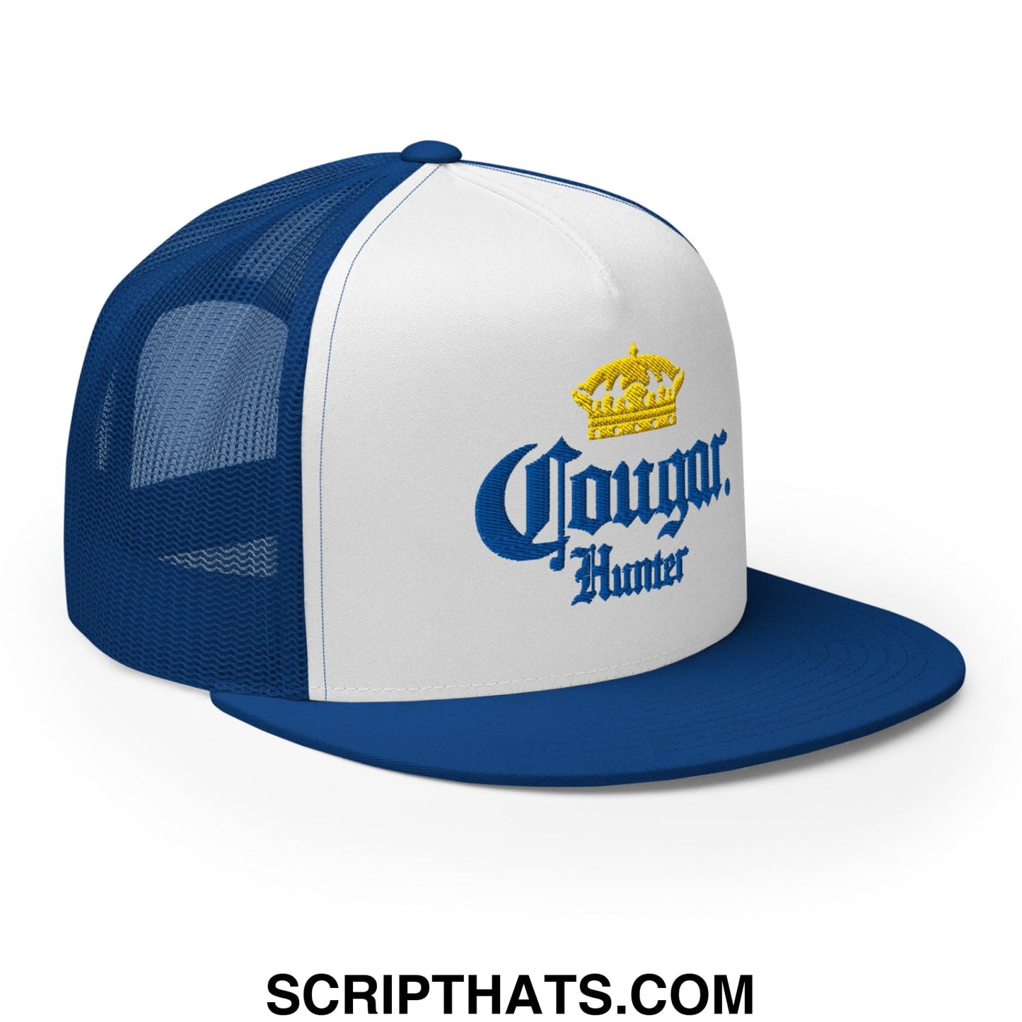 Cougar Hunter Extra Embroidered Flat Bill Brim Mesh Trucker Hat Royal White Royal