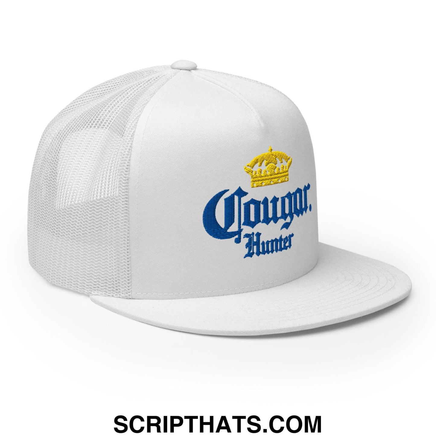 Cougar Hunter Extra Embroidered Flat Bill Brim Mesh Trucker Hat White