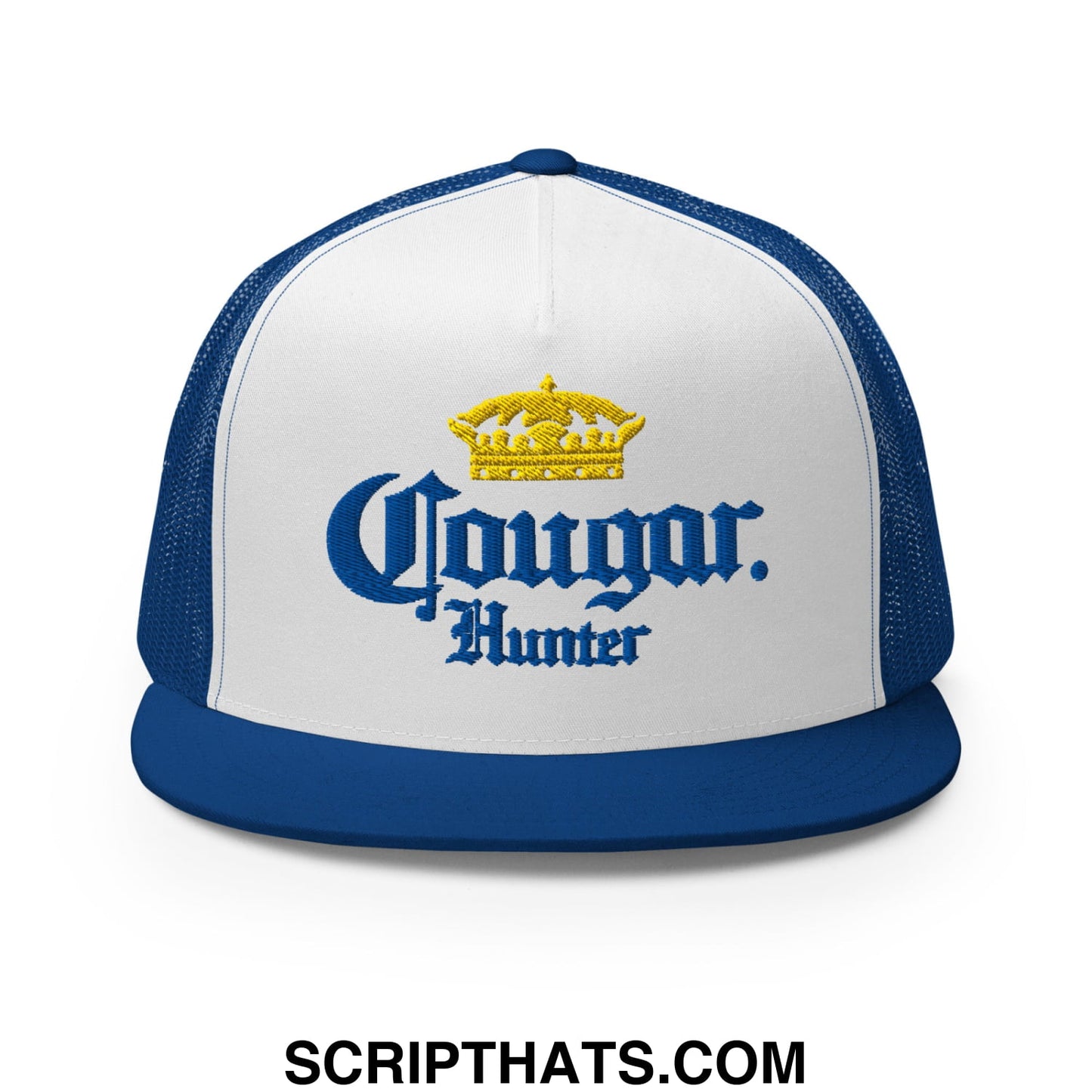 Cougar Hunter Extra Embroidered Flat Bill Brim Mesh Trucker Hat Royal White Royal