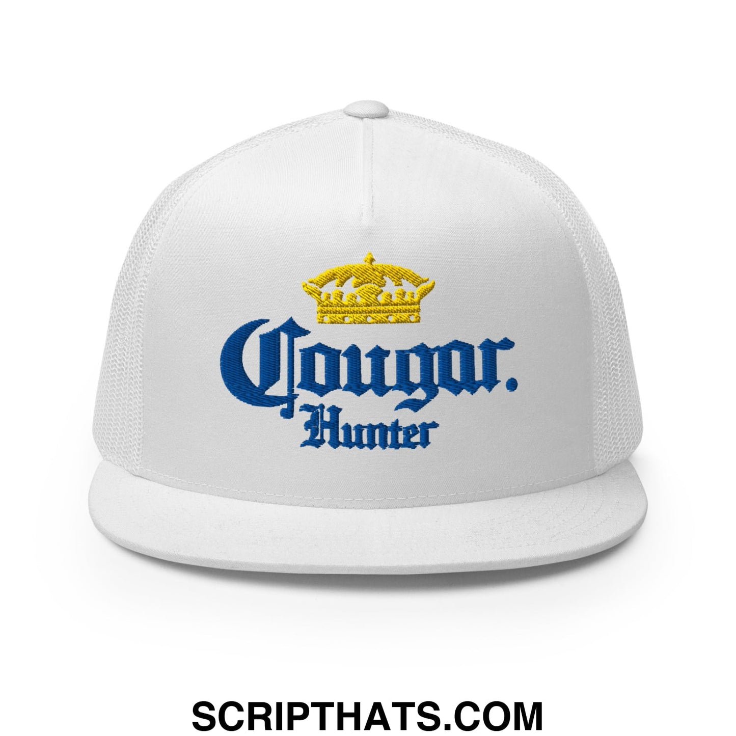 Cougar Hunter Extra Embroidered Flat Bill Brim Mesh Trucker Hat White