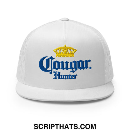 Cougar Hunter Extra Embroidered Flat Bill Brim Mesh Trucker Hat White