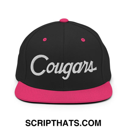 Cougars School Mascot Script Snapback Hat Black Neon Pink