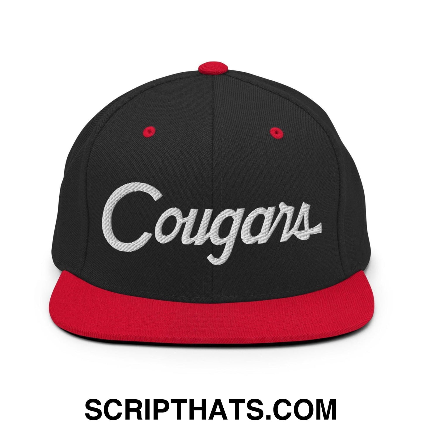 Cougars School Mascot Script Snapback Hat Black Red