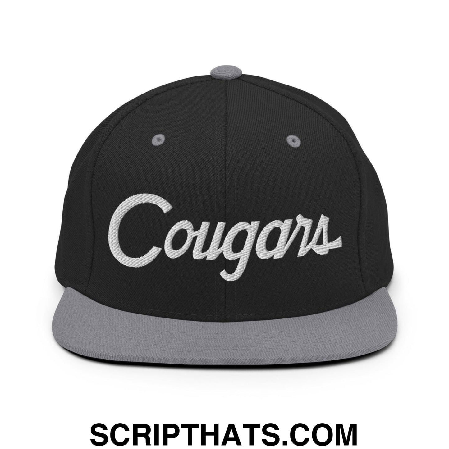 Cougars School Mascot Script Snapback Hat Black Silver