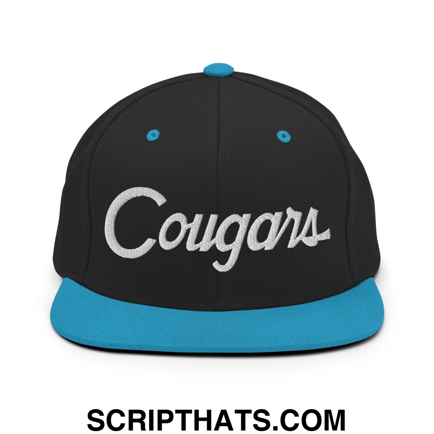 Cougars School Mascot Script Snapback Hat Black Teal