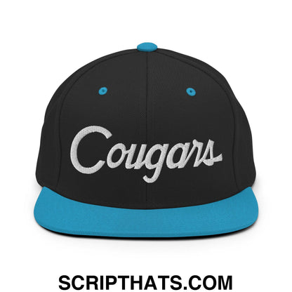 Cougars School Mascot Script Snapback Hat Black Teal