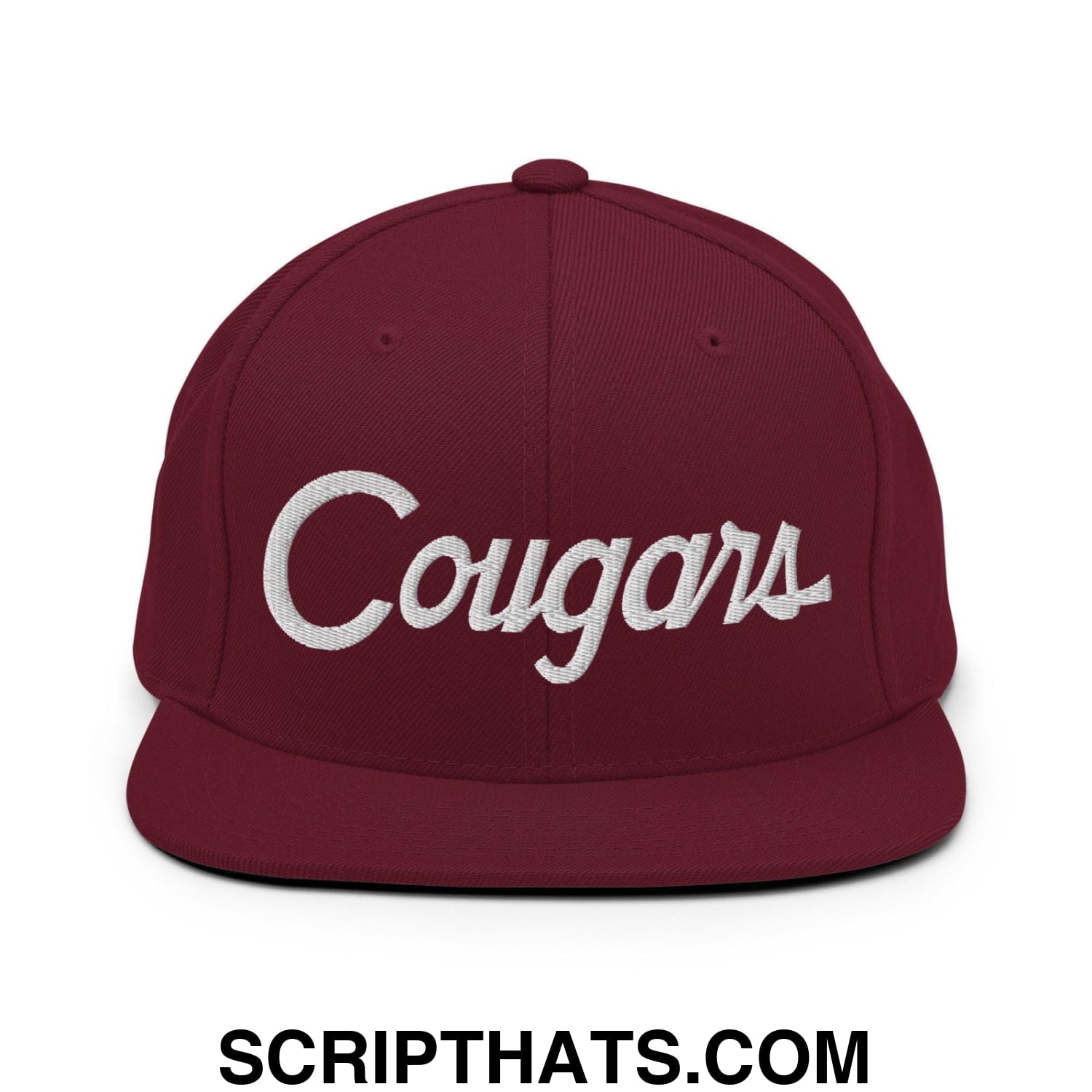 Cougars School Mascot Script Snapback Hat Maroon