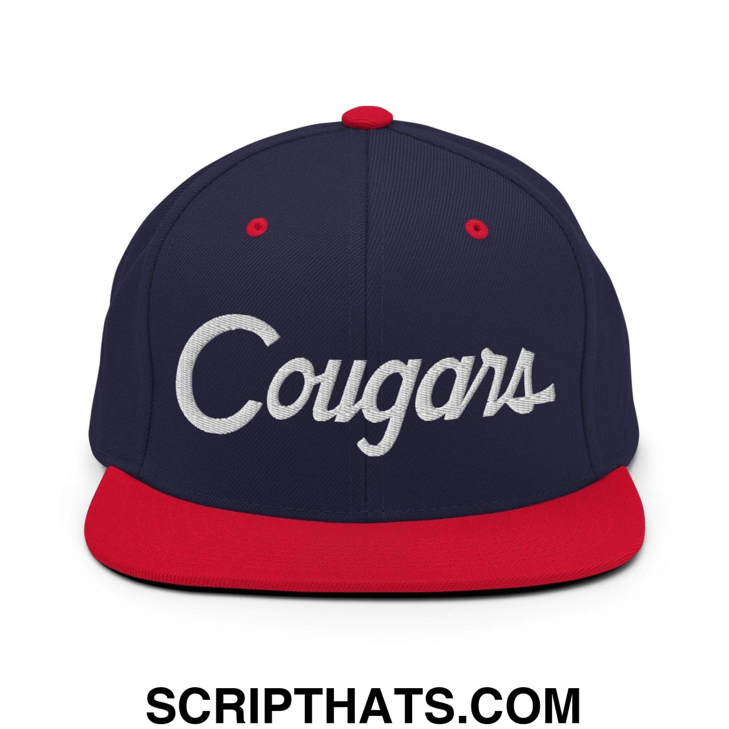 Cougars School Mascot Script Snapback Hat Navy Red