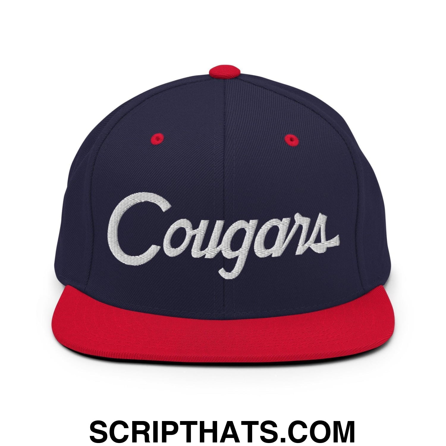 Cougars School Mascot Script Snapback Hat Navy Red