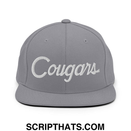 Cougars School Mascot Script Snapback Hat Silver