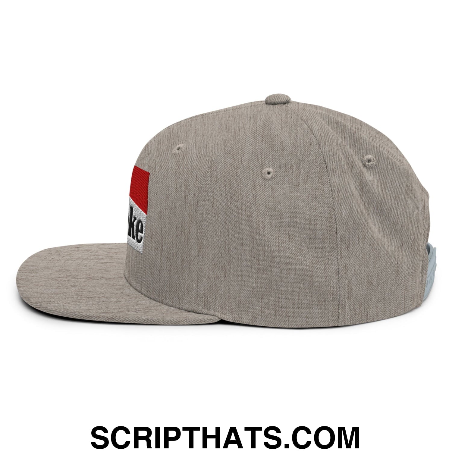 Gray heathered snapback cowpoke hat with flat bill brim and red white patch featuring partial black lettering on the side