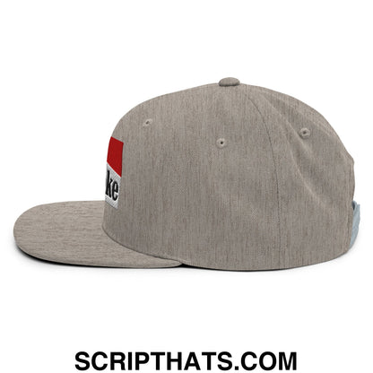 Gray heathered snapback cowpoke hat with flat bill brim and red white patch featuring partial black lettering on the side