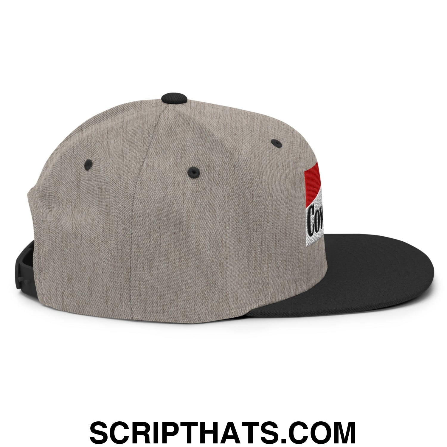 Gray heathered snapback cap with black brim and red and white embroidered cowpoke logo on the side