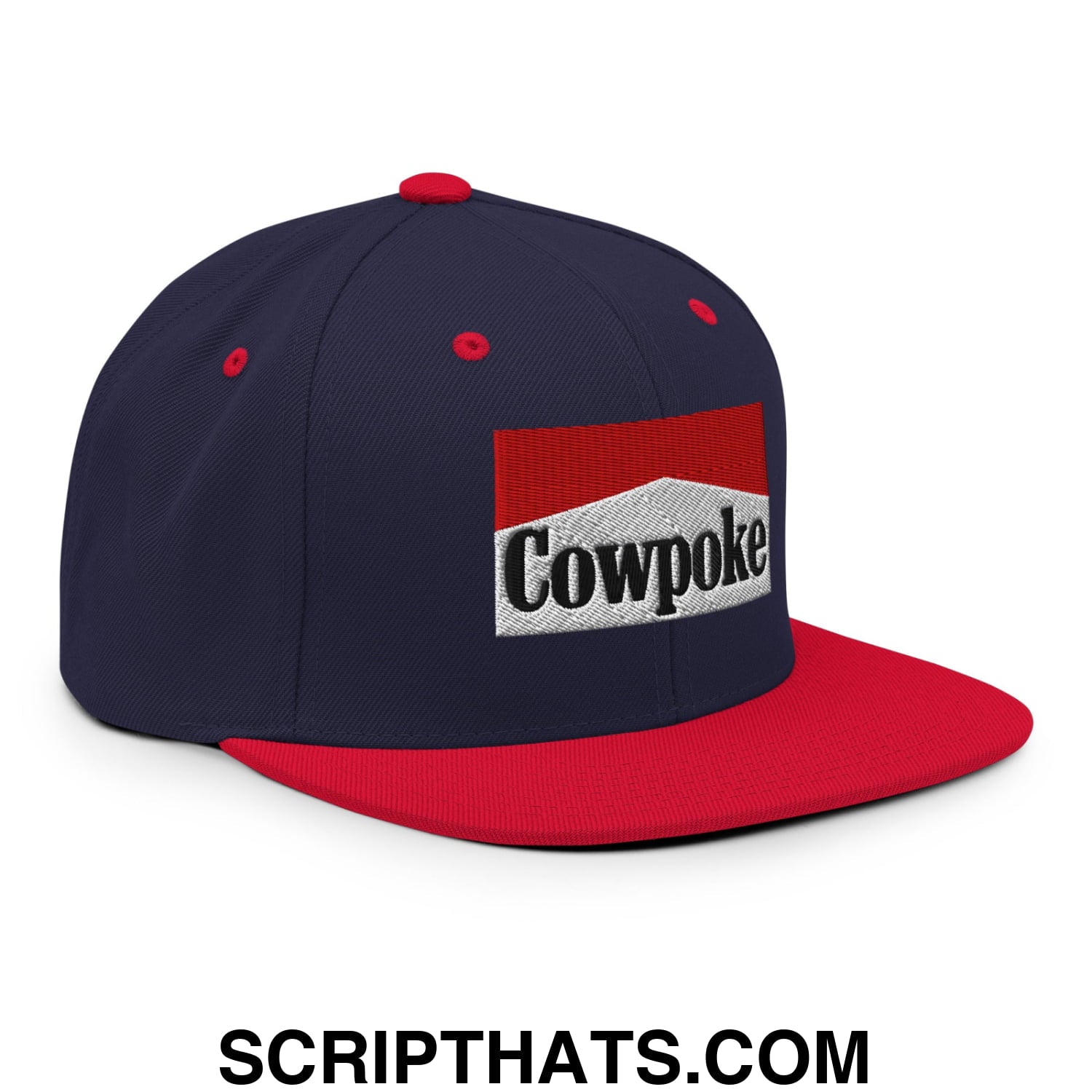 Navy blue and red snapback hat with white embroidered cowpoke logo and flat bill brim for casual wear