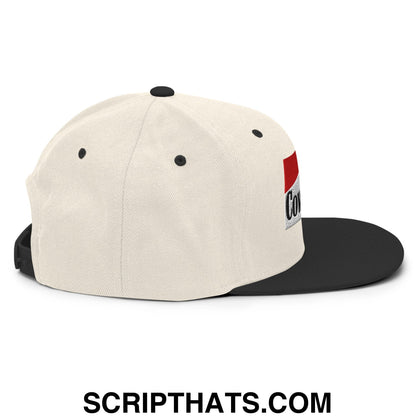 Off-white Cowpoke snapback hat with flat bill black brim and red and white logo patch on the side
