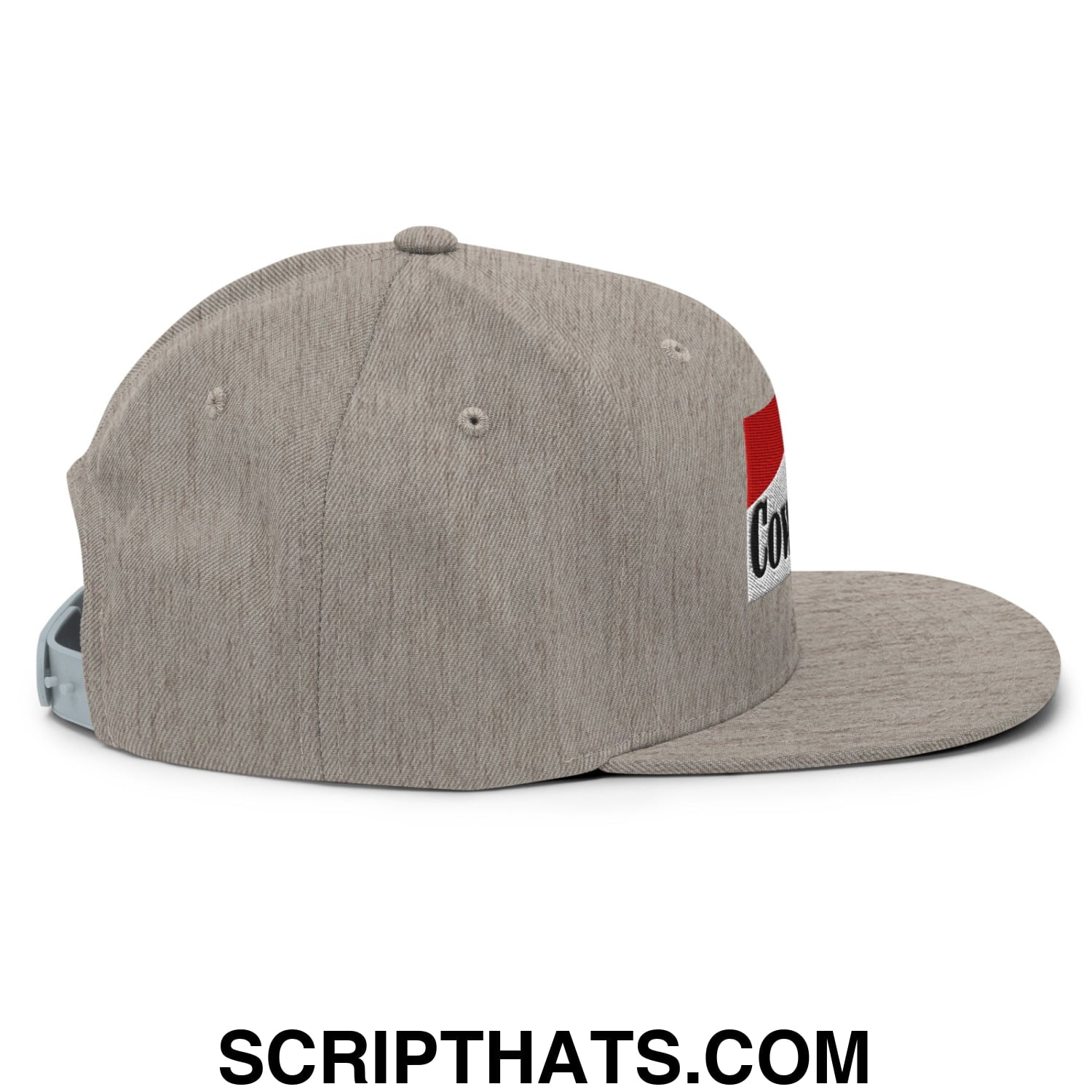 Gray heathered cowpoke embroidered flat bill snapback hat with red and white rectangular patch and black lettering