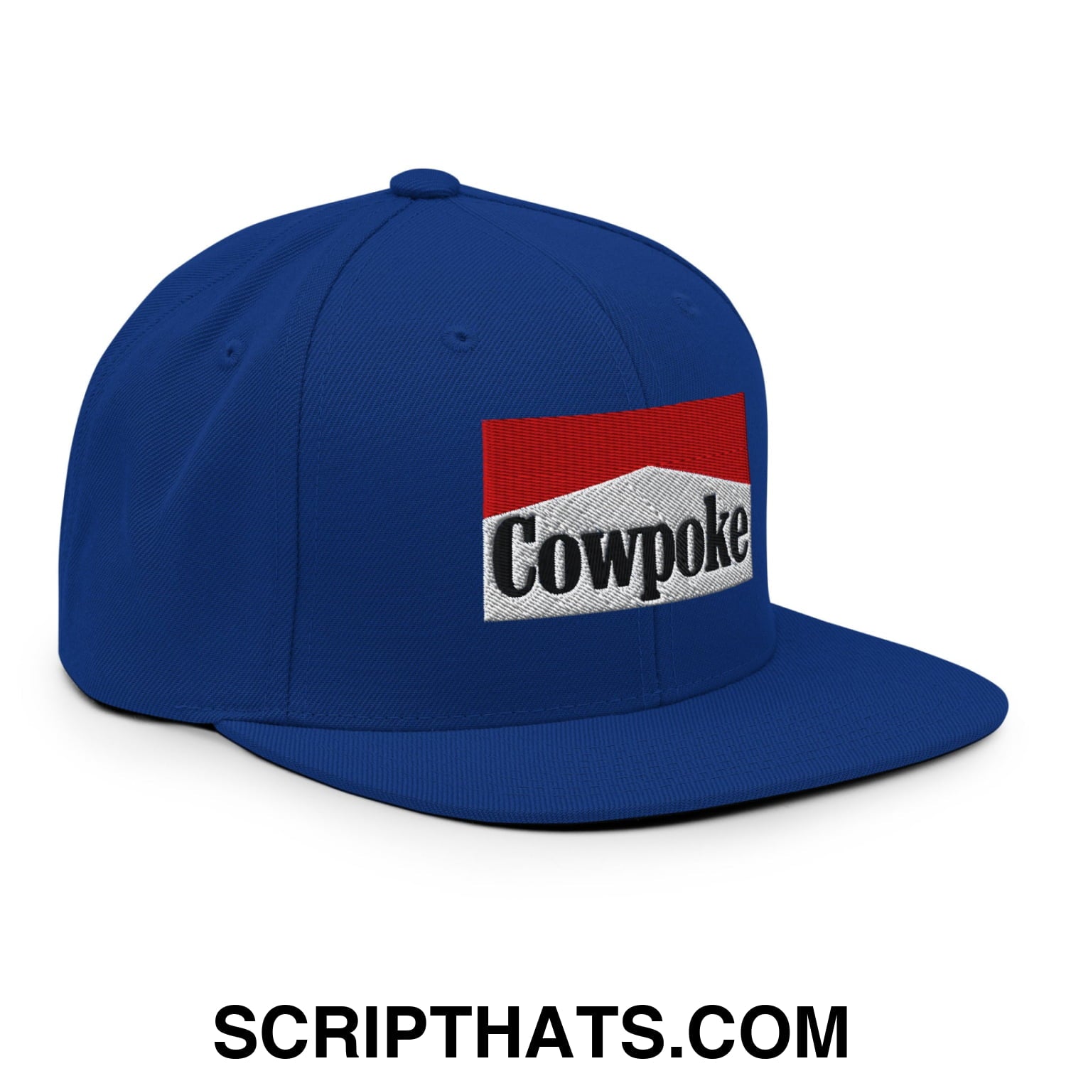 Royal blue snapback hat with flat bill brim featuring red and white embroidered logo and black cowpoke lettering
