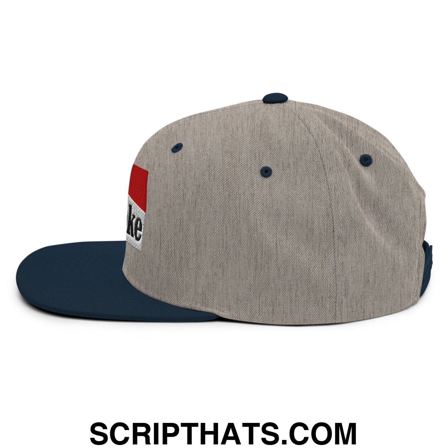 Gray and navy blue cowpoke snapback hat with red white and black embroidered logo on the side and flat bill brim
