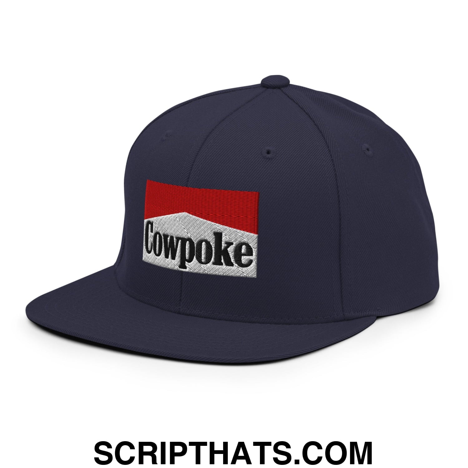Navy blue snapback cap with flat bill brim featuring red and white embroidered cowpoke logo and black lettering