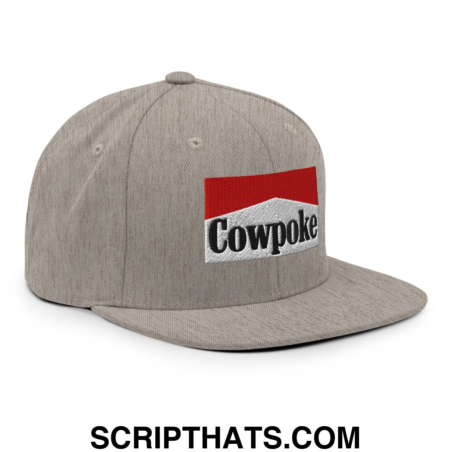Gray snapback cap with a flat bill brim featuring a red and white embroidered cowpoke logo and black lettering
