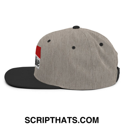 Gray heathered cotton snapback cap with black flat bill and red and white cowpoke embroidered patch on side