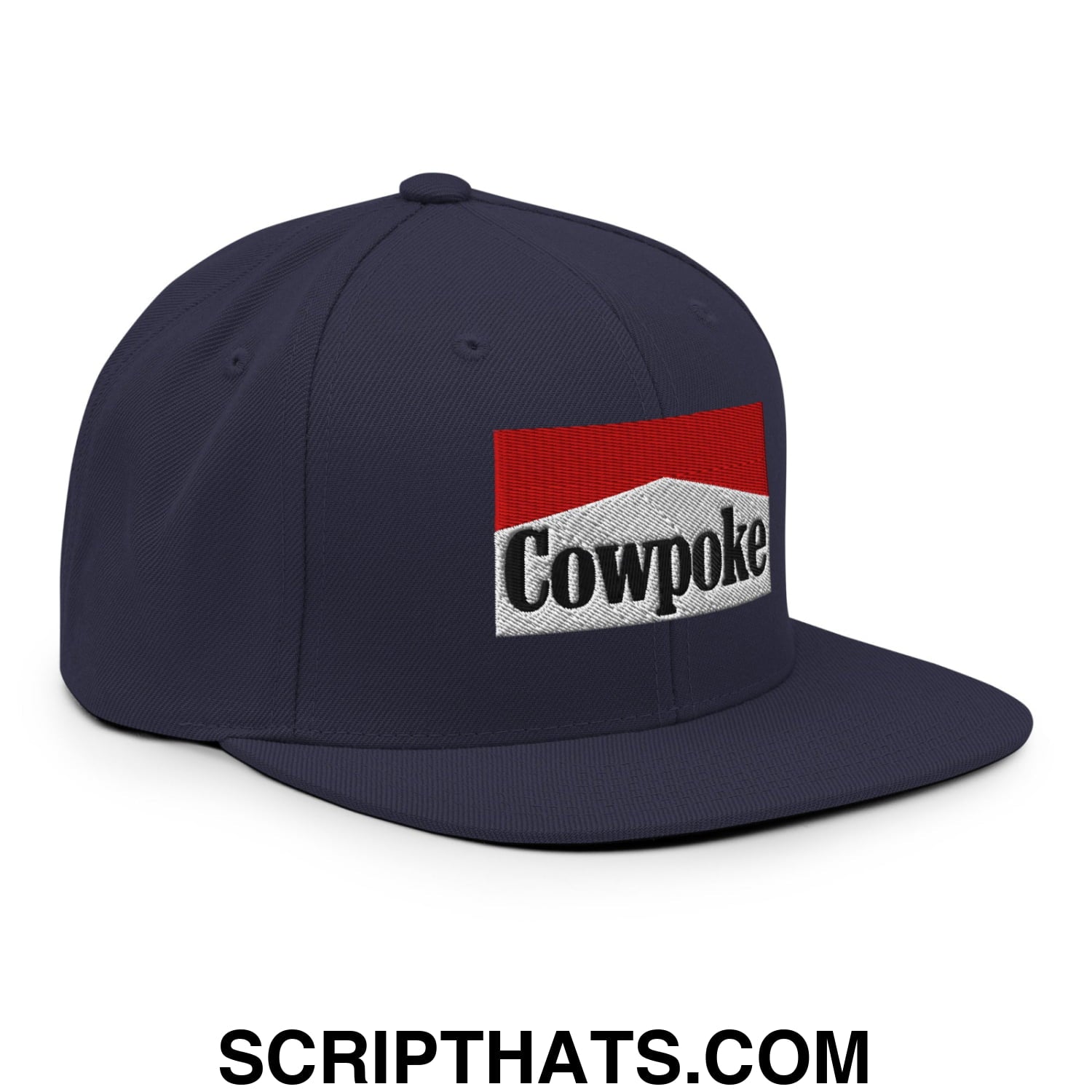 Navy blue snapback cap with an embroidered cowpoke logo featuring a red and white rectangular design flat bill brim