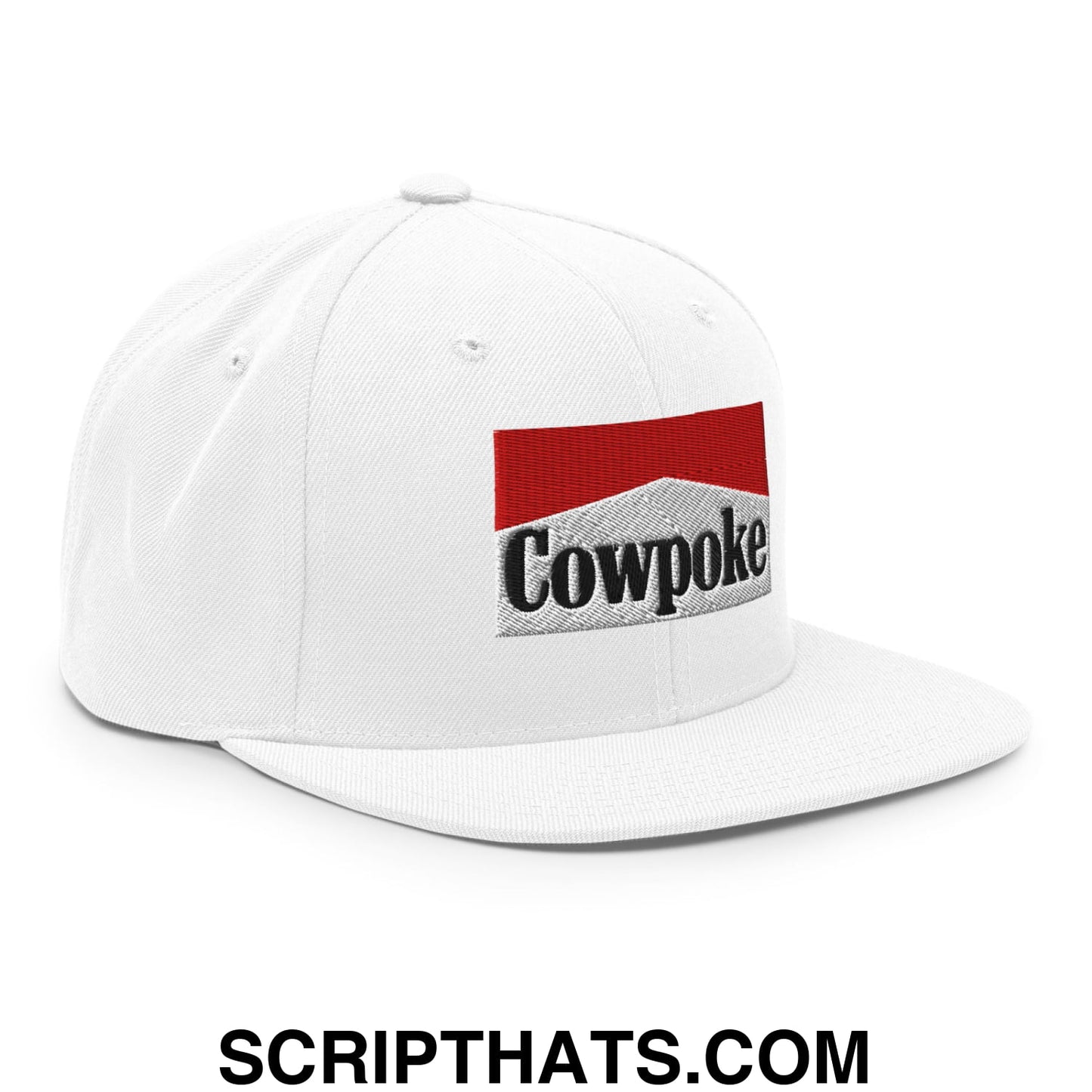 White snapback cap with a red and gray embroidered cowpoke logo and black lettering on a flat bill brim