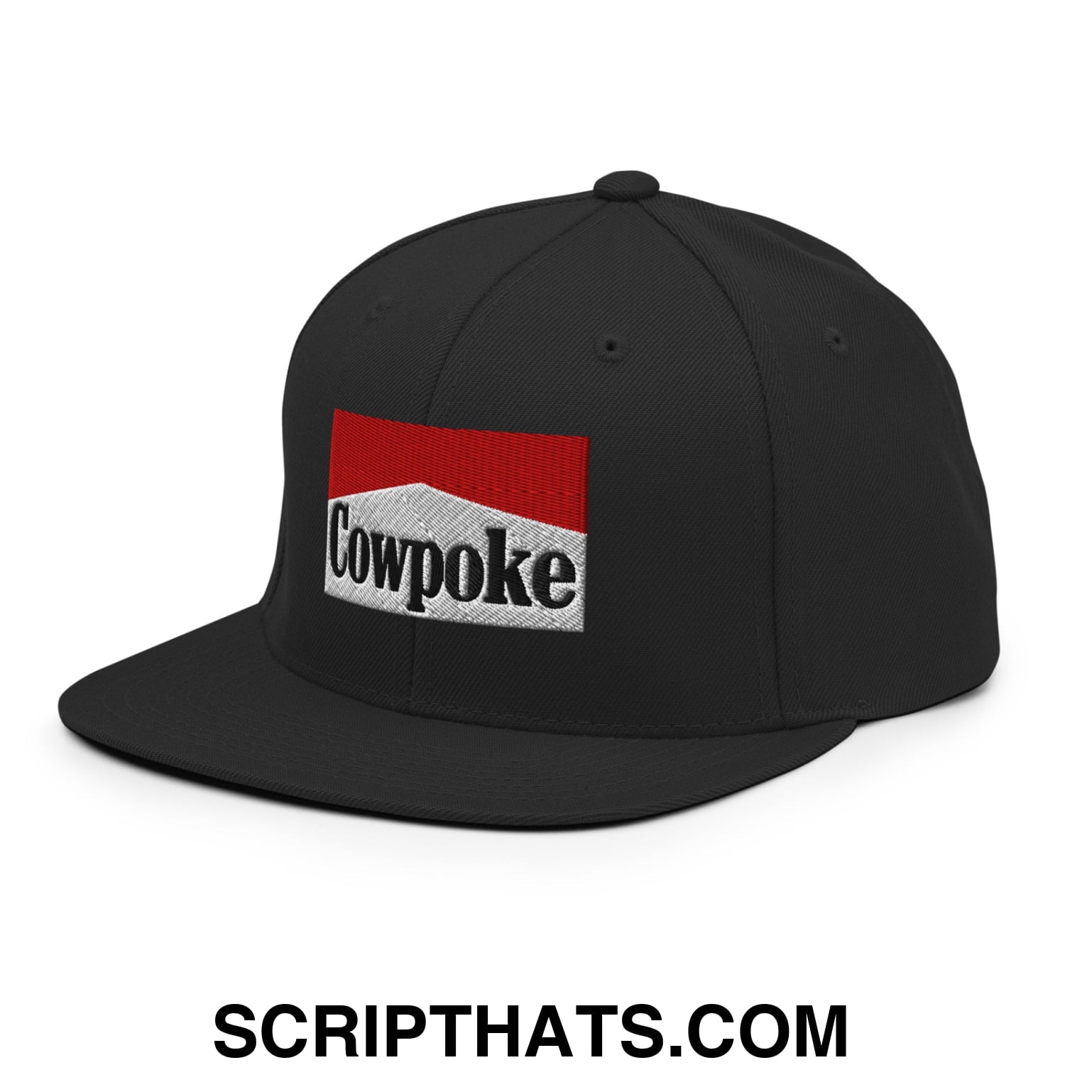 Black snapback cap with an embroidered cowpoke logo in red and white on a flat bill brim for casual wear