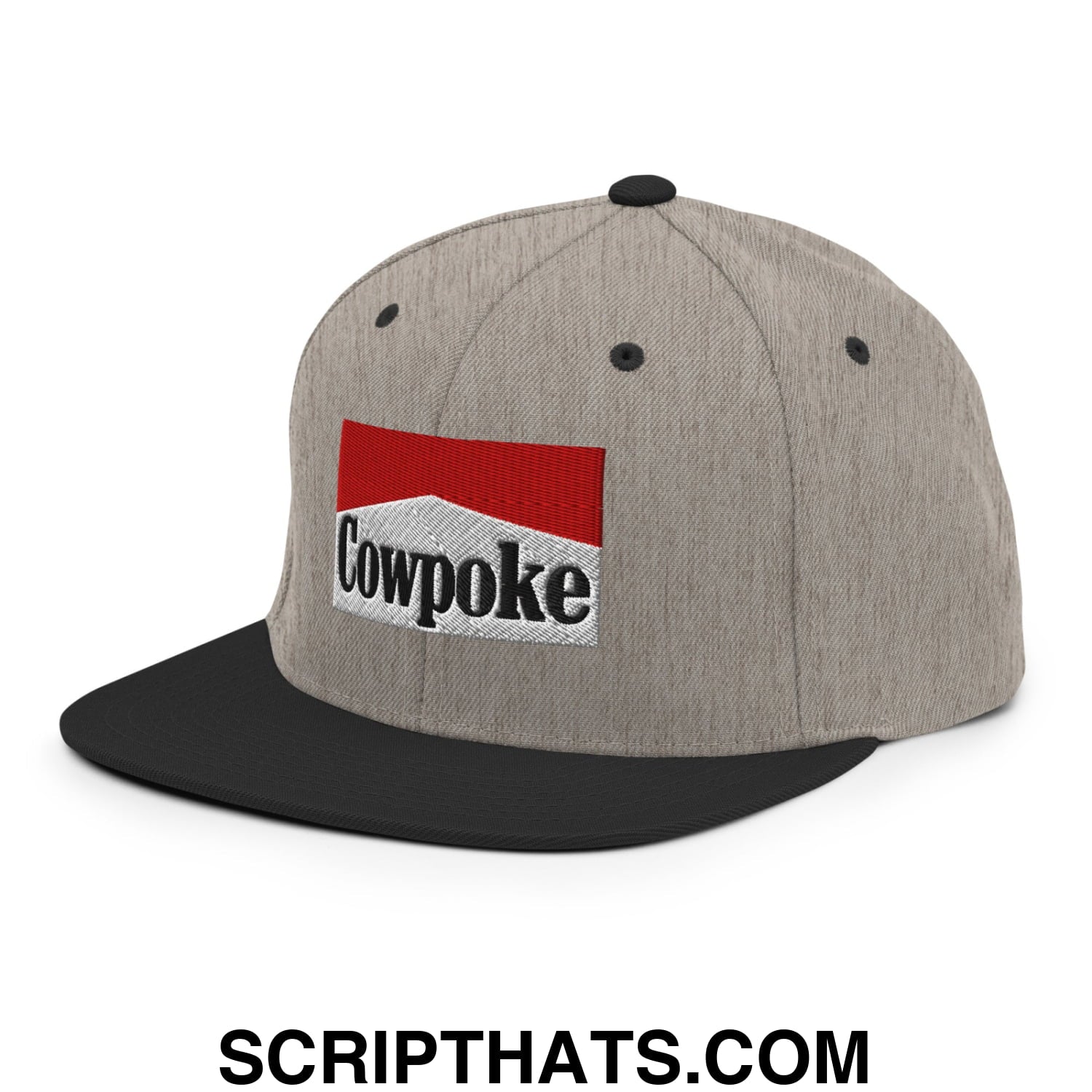 Gray and black snapback cap with red and white embroidered cowpoke logo and flat bill brim design