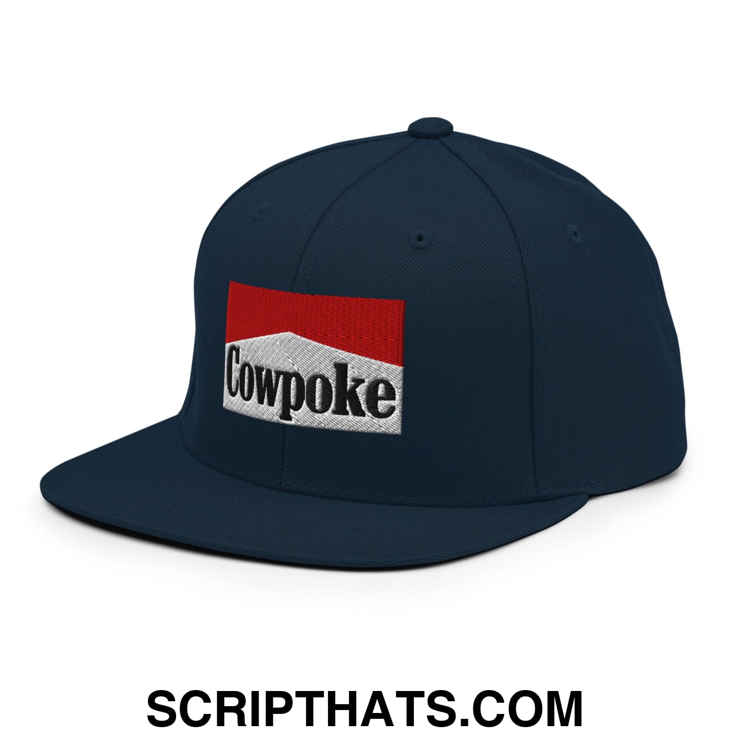Dark navy blue snapback hat with red and white cowpoke embroidered logo and flat bill brim in black lettering