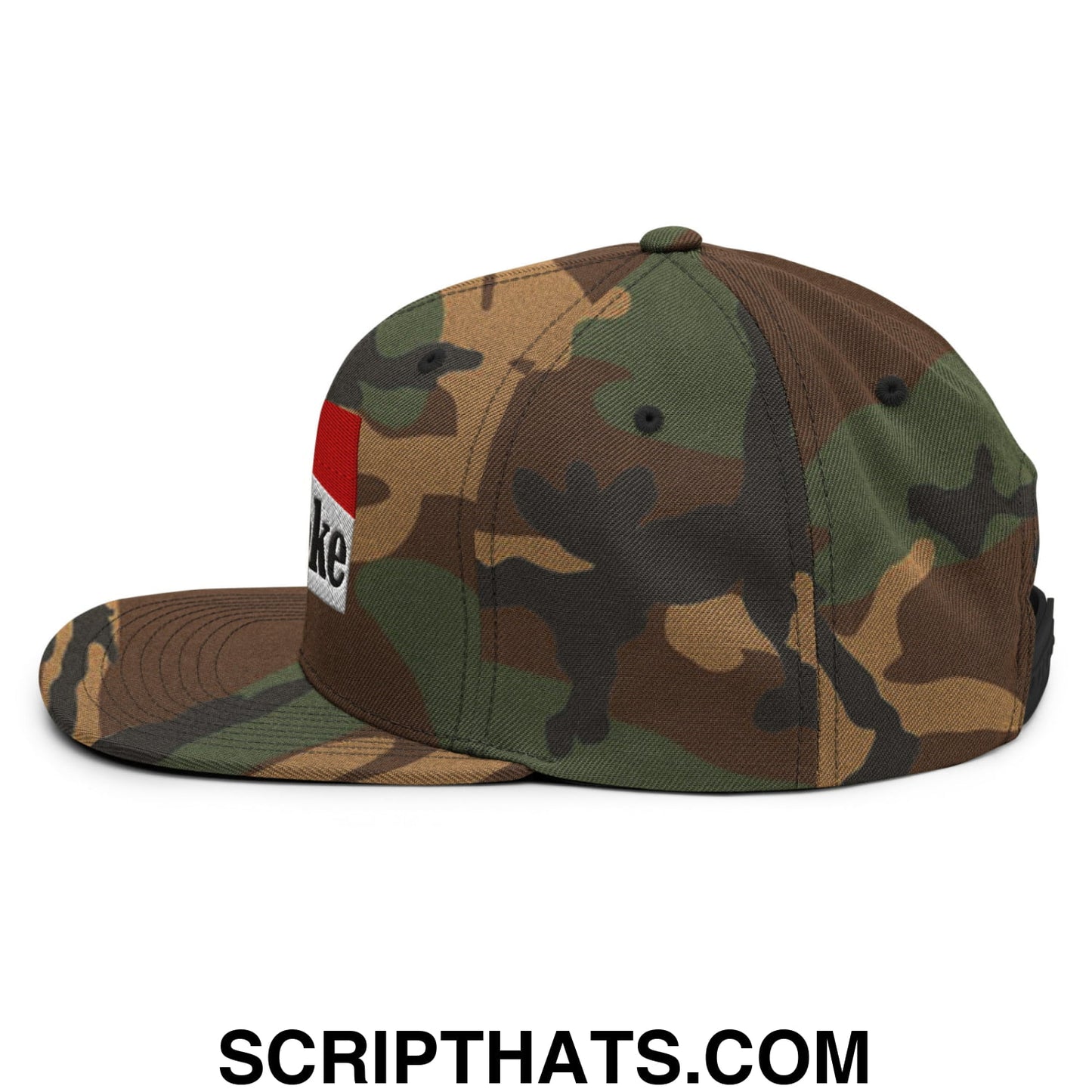 Cowpoke embroidered flat bill brim snapback hat with camouflage pattern and red and white side patch