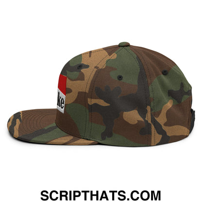 Cowpoke embroidered flat bill brim snapback hat with camouflage pattern and red and white side patch