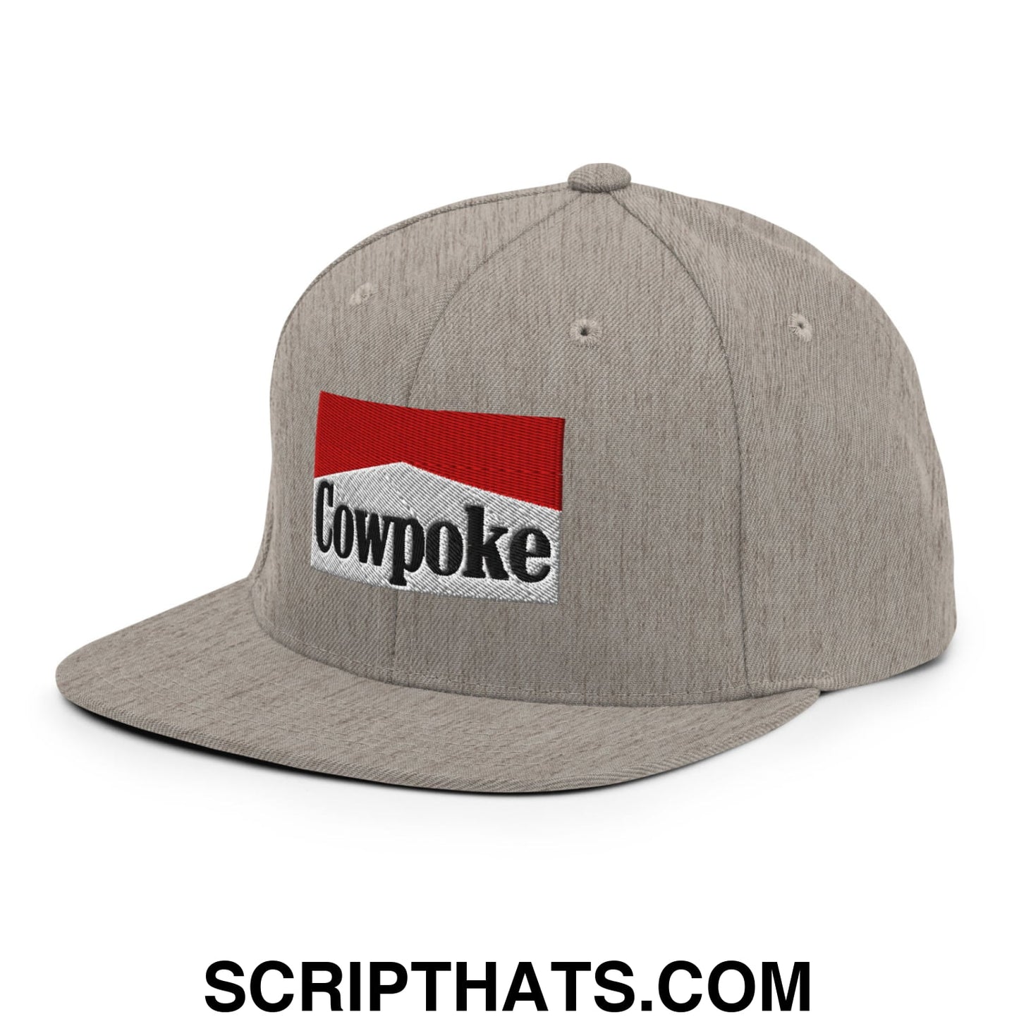 Gray snapback hat with flat bill brim featuring red and white embroidered cowpoke logo with black lettering