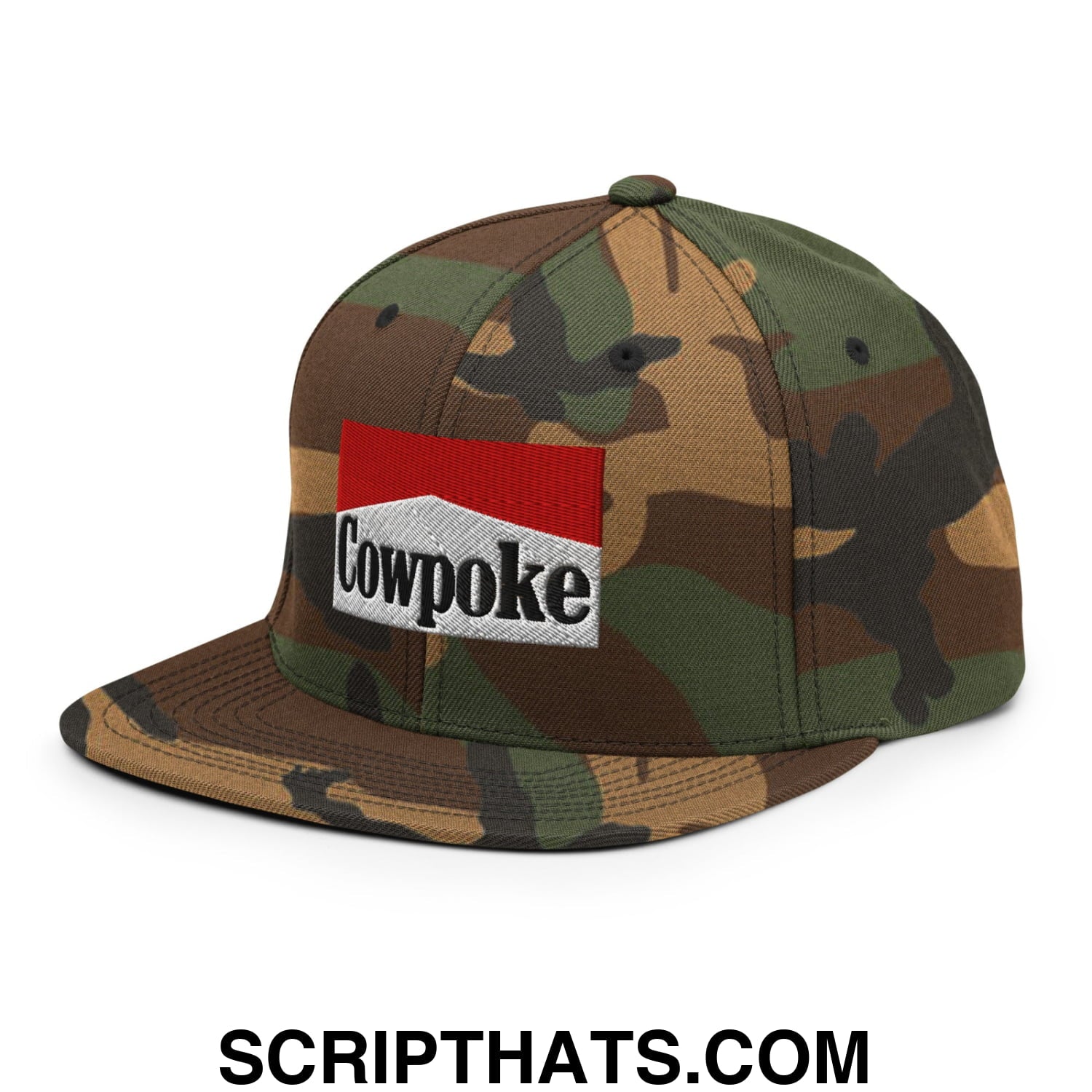 Camouflage snapback hat with flat bill brim and red and white patch embroidered with cowpoke in black