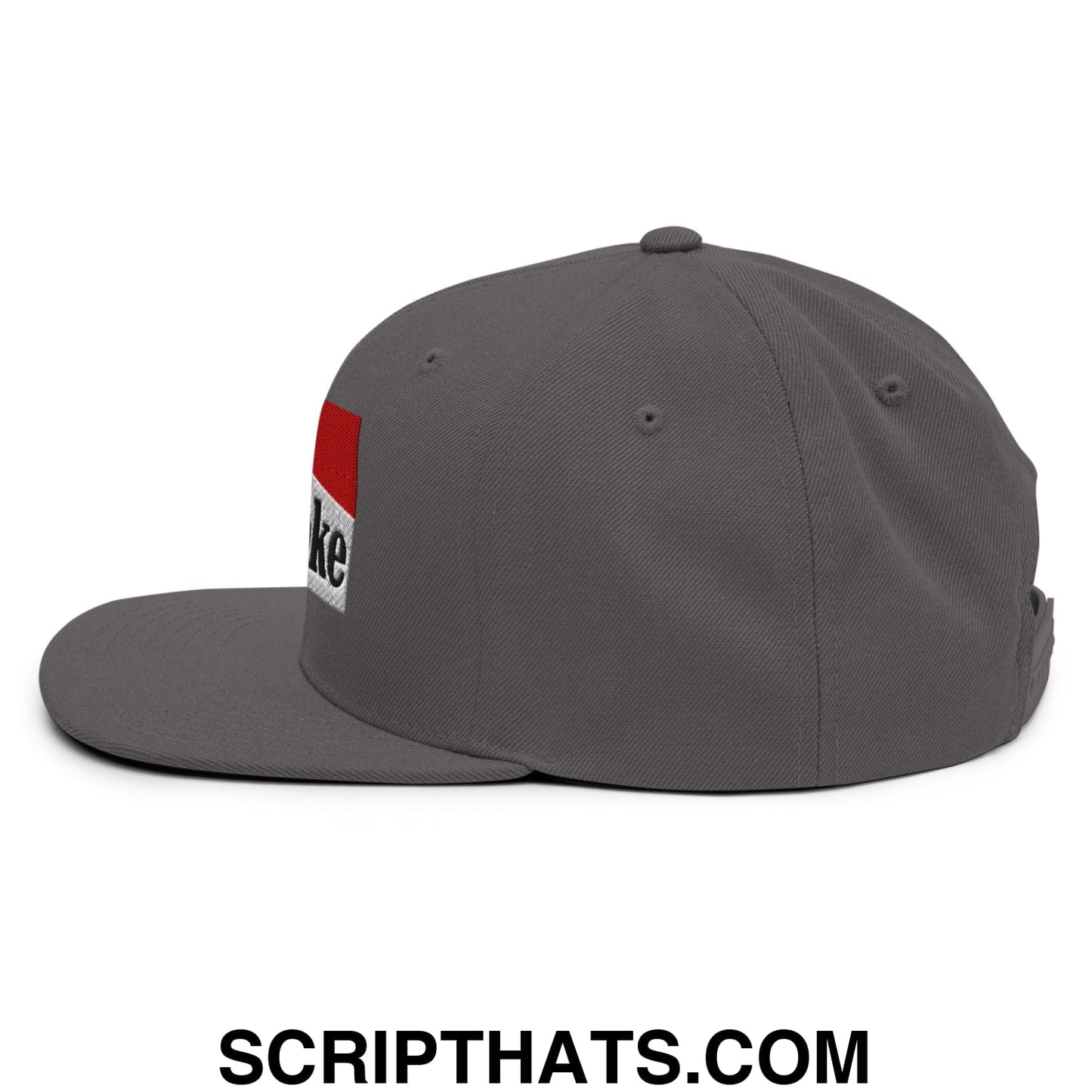 Gray cowpoke embroidered flat bill brim snapback hat with red and white patch and black embroidered text on side
