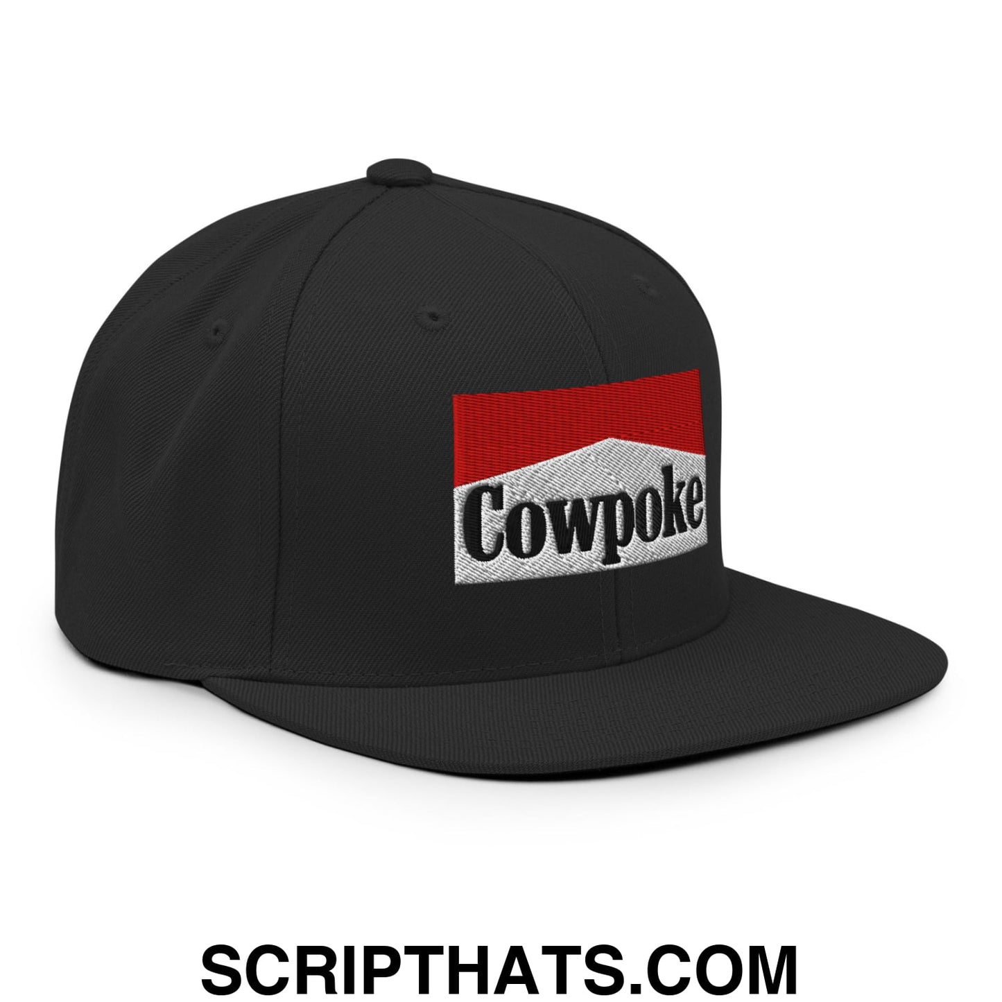 Black snapback cap with embroidered cowpoke logo in red and white flat bill brim snapback hat style