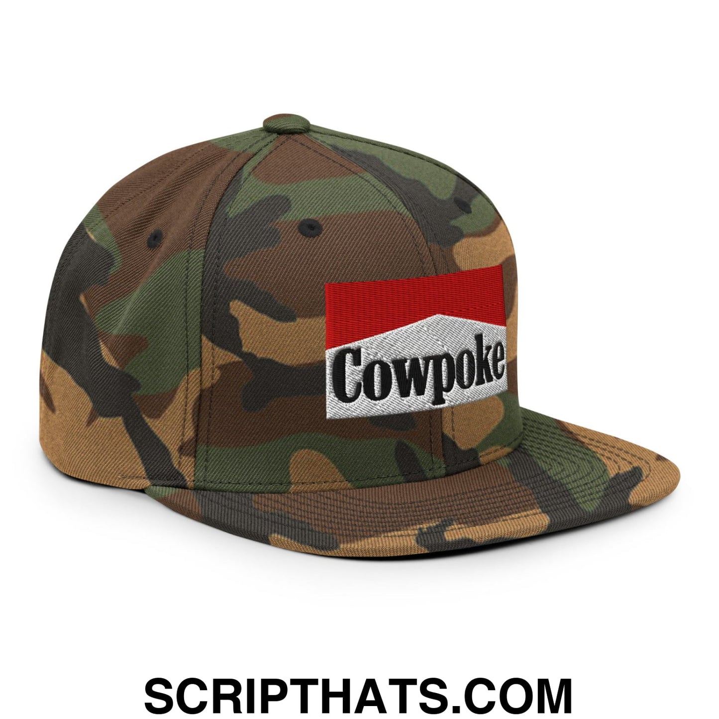 Camouflage snapback cap with red and white embroidered cowpoke logo and flat bill brim for casual wear